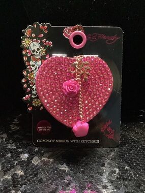 Ed Hardy Pink Heart Compact Mirror Keychain with Rose Charm